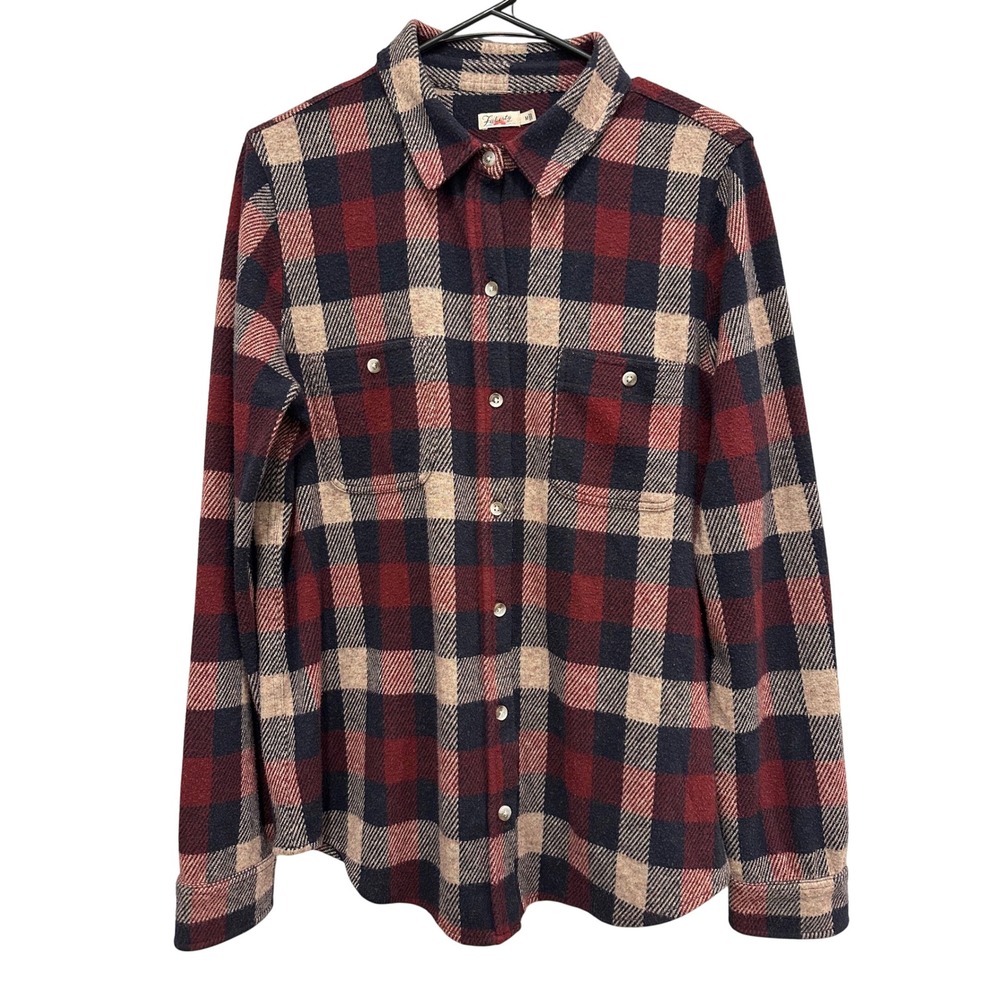 Faherty Legend Sweater Shirt Mens Medium Red Navy Tan Plaid Button Flannel FLAW